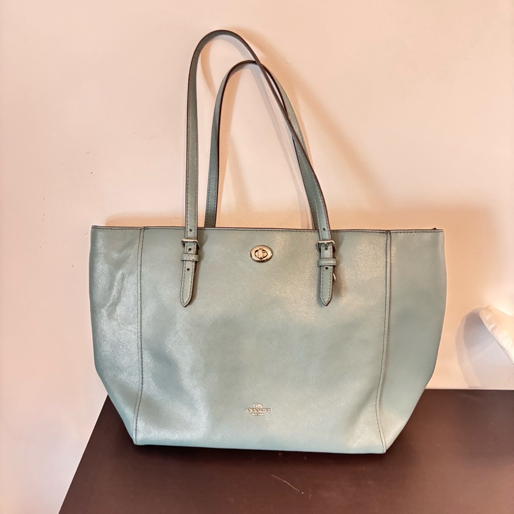 Authentic COACH Crossgrain Leather Laptop Tote Sage Blue 29086